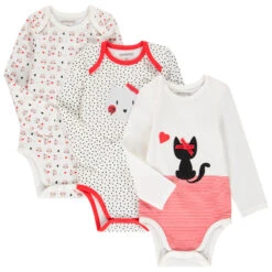 Lot De 3 Bodies Manches Longues Print Chat Pour Bébé Fille