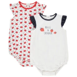 Lot De 2 Combinaisons Courtes En Coton Print Fraises Pour Bébé Fille