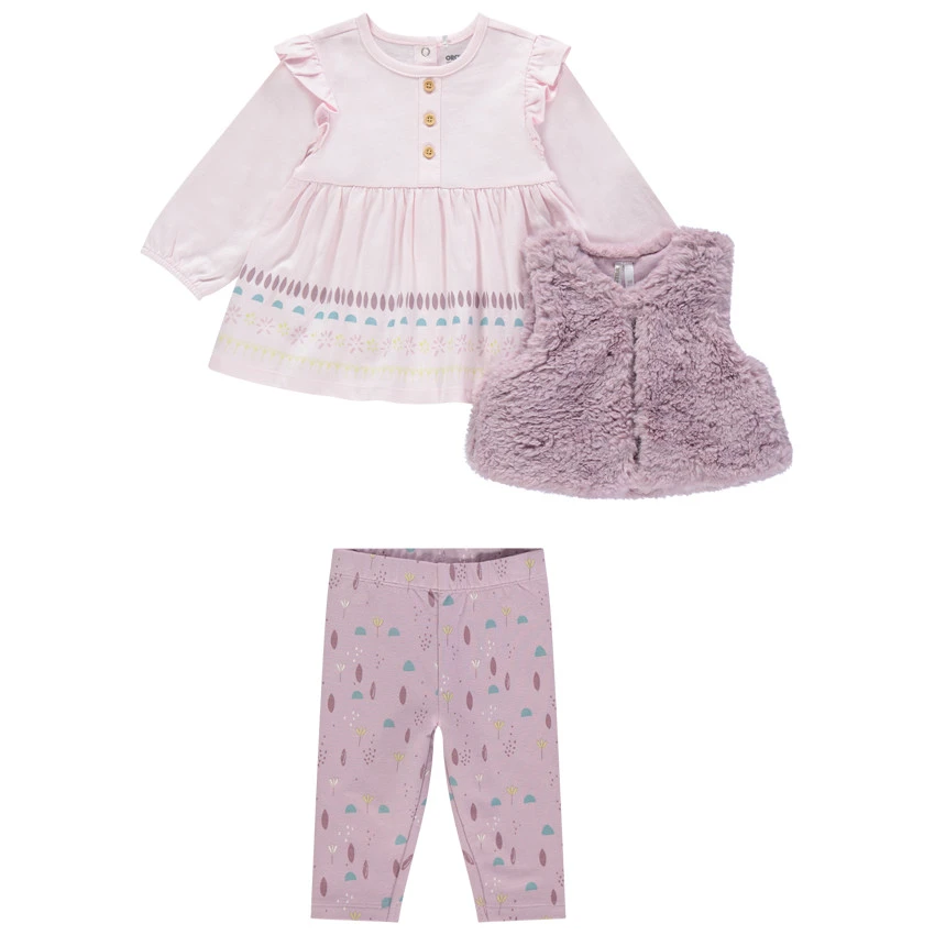 Ensemble 3 Pièces Fille Avec Tunique Rose, Gilet En Sherpa Et Legging Imprimé 1 Ensemble 3 Pièces Fille Avec Tunique Rose, Gilet En Sherpa Et Legging Imprimé