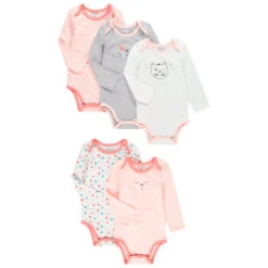 Lot De 5 Bodies Manches Longues Imprimés En Coton Pour Bébé Fille