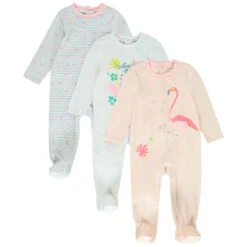 Lot De 3 Dors-bien à Manches Longues Imprimé Flamants Roses Pour Bébé Fille