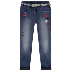 Jeans Effet Used à Broderies Contrastées Et Ceinture Argentée