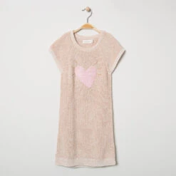 Robe Manches Courtes En Tricot Avec Coeur En Sequins Magiques