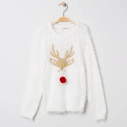 Pull De Noël En Tricot Poil Motif élan Et Nez En Pompon