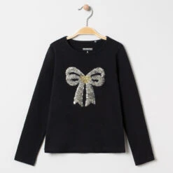T-shirt Manches Longues à Noeud En Sequins Argentés Pour Enfant Fille