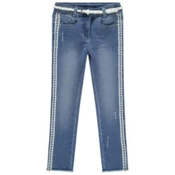 Jean Effet Used à Bandes Imprimées Et Ceinture Tressée