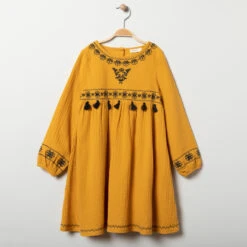 Robe Manches Longues à Broderies Et Pompons Pour Enfant Fille