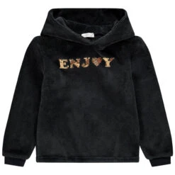 Sweat à Capuche Noir En Sherpa à Texte En Sequins Pour Enfant Fille
