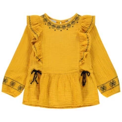 Tunique Manches Longues Jaune En Gaze De Coton Pour Enfant Fille