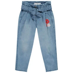 Jean Taille Haute Avec Ceinture Et Fleurs Brodées Pour Fille