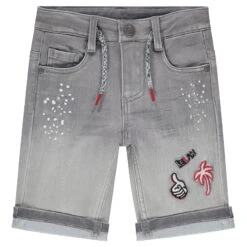 Bermuda En Jeans Effet Used Avec Effet Tacheté Et Badges Fantaisie