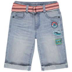 Bermuda En Jean Bleach à Ceinture Ajustable Et Badges