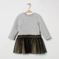 Robe Manches Longues Bi-matières En Molleton Et Tulle Plissée