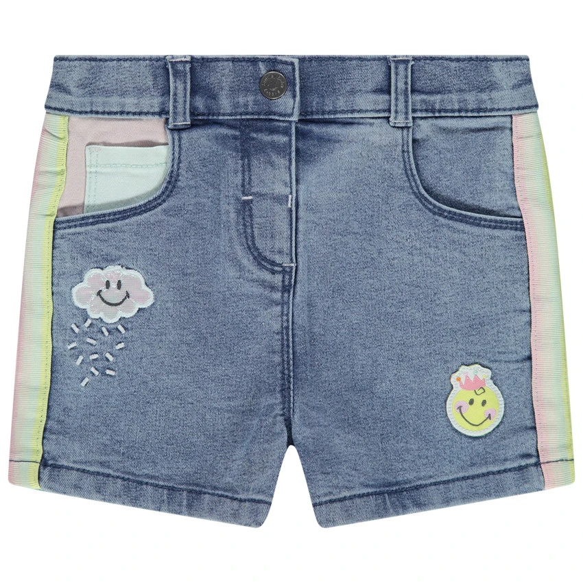 Short En Jean Effet Used à Bandes Contrastées Et Badges Smiley Baby 1 Short En Jean Effet Used à Bandes Contrastées Et Badges Smiley Baby