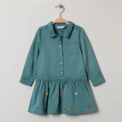 Robe Manches Longues Forme Chemise à Pompons Colorés