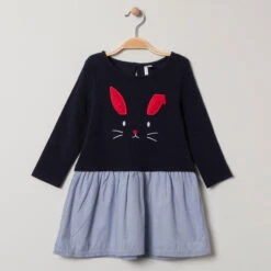 Robe Effet 2 En 1 Manches Longues Broderie Lapin