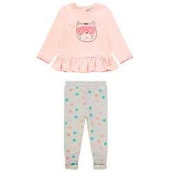 Ensemble Avec Tunique Volantée Print Chat Ludique Et Pantalon à Pois