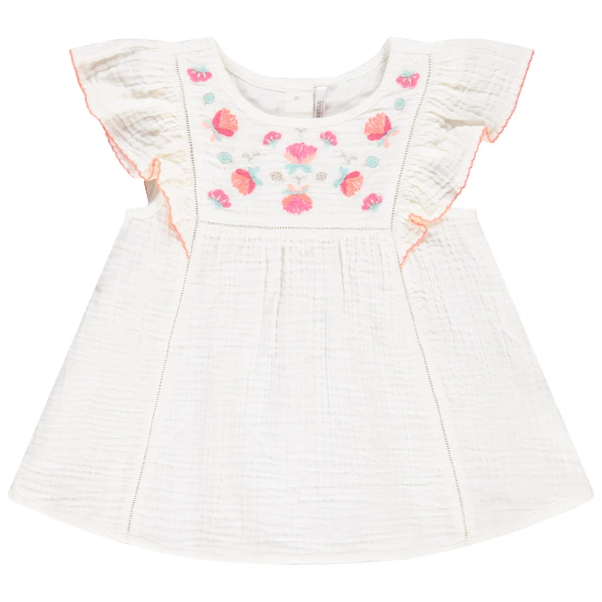 Tunique Manches Courtes Brodée En Double Gaze De Coton Pour Bébé Fille 1 Tunique Manches Courtes Brodée En Double Gaze De Coton Pour Bébé Fille