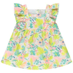 Tunique Manches Courtes Volantées Imprimé Feuilles/flamants Roses Pour Bébé Fille