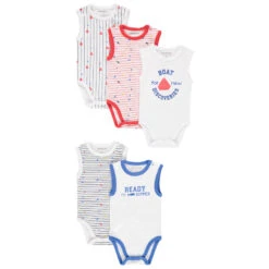 Lot De 5 Bodies Sans Manches En Coton Bio à Motifs Thème Marin
