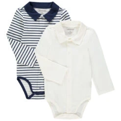 Lot De 2 Bodies Manches Longues Uni/rayé Pour Bébé Garçon