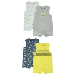 Lot De 4 Combinaisons Courtes Imprimé Crabe/voilier/baleine Pour Bébé Garçon