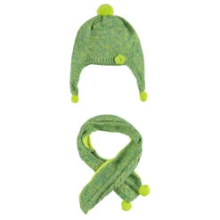Ensemble Bonnet Et écharpe En Tricot Vert Avec Fleur Et Pompons