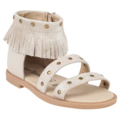 Nu-pieds En Cuir Beige à Paillettes Et Col à Franges