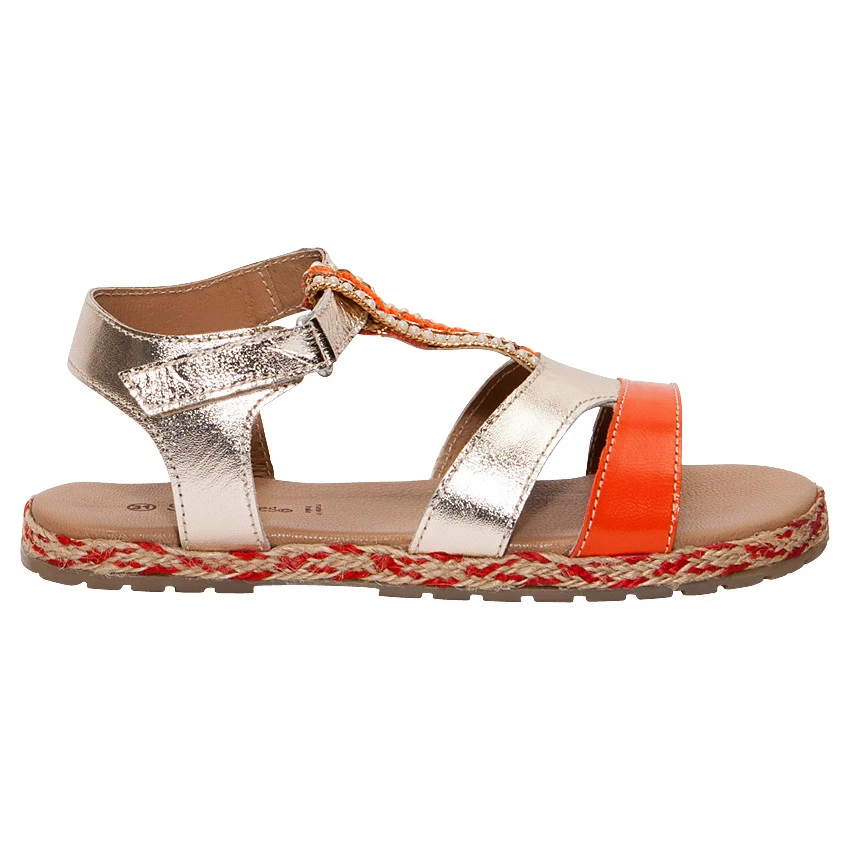 Nu-pieds En Cuir Doré Et Orange Avec Perles Et Semelle En Corde 1 Nu-pieds En Cuir Doré Et Orange Avec Perles Et Semelle En Corde