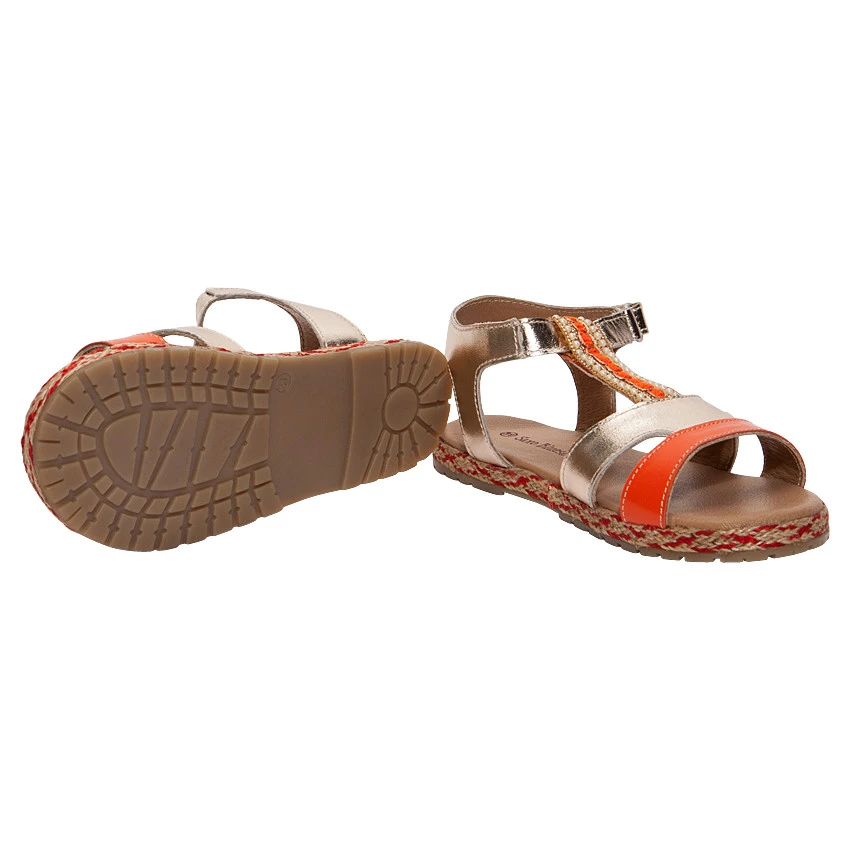 Nu-pieds En Cuir Doré Et Orange Avec Perles Et Semelle En Corde 2 Nu-pieds En Cuir Doré Et Orange Avec Perles Et Semelle En Corde – Image 2