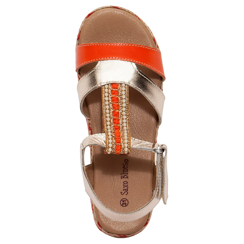 Nu-pieds En Cuir Doré Et Orange Avec Perles Et Semelle En Corde 3 Nu-pieds En Cuir Doré Et Orange Avec Perles Et Semelle En Corde – Image 3