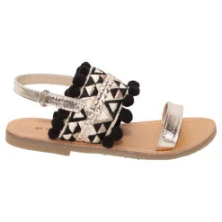 Nu-pieds Dorés En Cuir Style Ethnique Avec Pompons