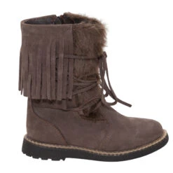 Bottines En Cuir à Laçage Avec Fausse Fourrure Et Franges